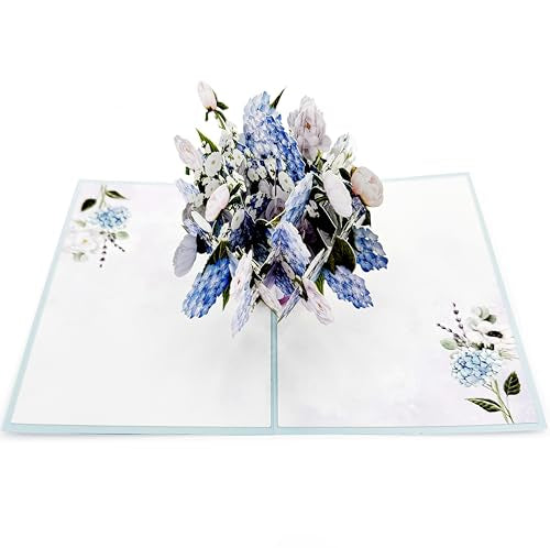 Blue Hydrangea and Rose Flower Bouquet Pop Up Card, 3D Blooming Love Greeting Card for Birthday, Mothers Day, Valentines Day, Anniversary, Congratulations, Thinking of You, All Occassions by Teabug
