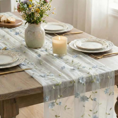 Artoid Mode Dusty Blue 3D Flower Gauze Embroidery Table Runner 120 Inch 10FT, Tulle Seasonal Spring Kitchen Dining Holiday Table Decor for Home Party - color: White-dusty Blue