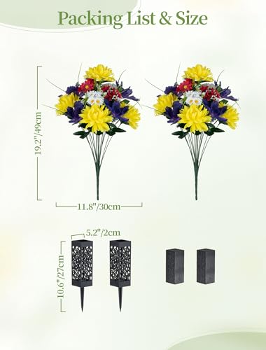 Artificial Memorial Flowers for Cemetery: 2 Pcs Cemetery Flowers for Grave Decorations - Realistic Yellow Mums Purple Iris Bouquets with Vases for Gravisite Outdoor - color: Purple & Yellow