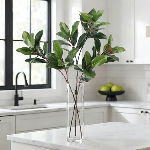 3 PCS 32" Faux Magnolia Stems Branches with 17 Leaves Artificial Greenery Long Stems Realistic Fake Banana Leaves Decorative Plants for Vase Kitchen Office Table Home Decor - color: 3pcs Magnolia Stems