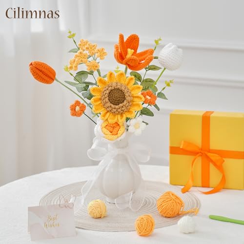 Crochet Flower Bouquet,Orange Knitted Flowers, Handmade Sunflowers Tulips Roses Bouquet for Valentine Day Birthday Anniversary Party Mother's Day Graduation Gifts(with Card) - color: Orange