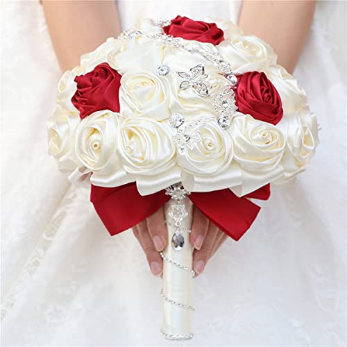 5.9" Mini Bridal Bouquet Handmade Satin Rose Round Wedding Bouquet Throw Toss Artificial Flower Bunch Ivory + Dark Red - color: W363 Ivory/Dark Red, size: 5.9"/15cm