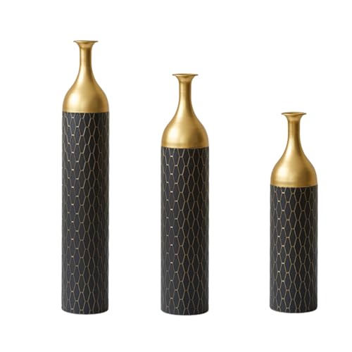Metal Floor Vases Decorative, Set of 3 Flower Arrangement Stand, Tall Gold＆Black Metal Floor Vases for Living Room, Bedroom & Entryway, 34.25", 30.31", 24.8" H (Gold＆Black) - color: Gold＆black