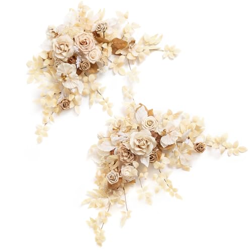 Ling's moment 2PCS White & Beige Artificial Flower Garland Floral Swags Table Centerpieces Wedding Decoration Rose Garlands Greenery Arrangements for Sweetheart/Head Table Decor - color: Br-white & Beige