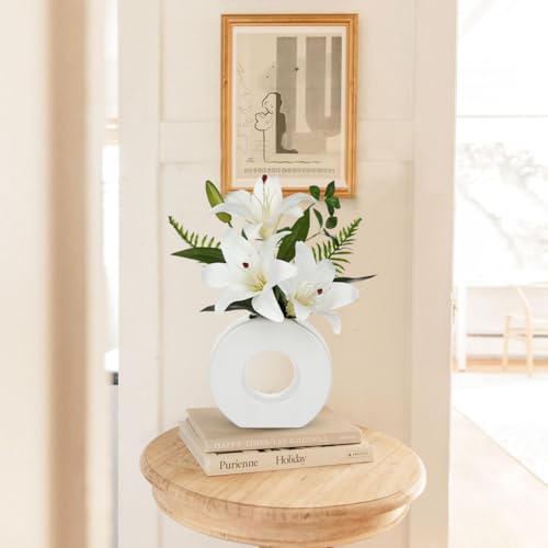 Artificial Flowers in Vase 13" Realistic Fake Lilies Flowers with 3 Heads Full Bloom Tiger Lily Floral Arrangement White Faux Flowers for Vase Table Centerpieces Home Wedding Bathroom Office Decor - color: White