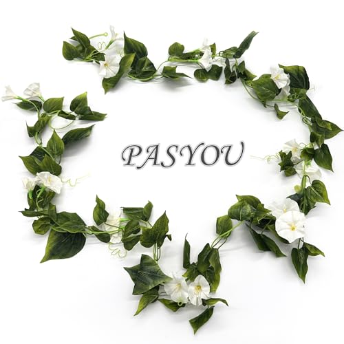 Artificial Morning Glory Flower Vines, Fake Hanging Plants Silk Garland Ivy Faux Green Leaves Vine Decoration for Home Bedroom Wedding Party Garden Wall Fence Stairway Baskets Decor White 2 Pack - color: Morning Glory Vines - White 2 Pcs