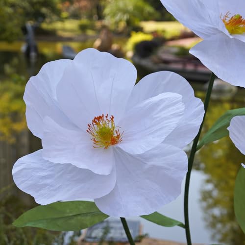 Large Paper Artificial Flowers,Giant Flowers for Decoration,Huge Handcrafted Poppy Fake Flowers with Stand for Home Decor Bridal Shower Party Outdoors Yard Event Backdrop Decor (White) - color: White