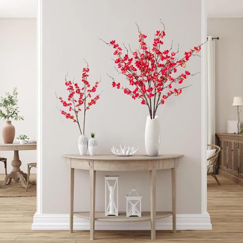 Sggvecsy Artificial Plum Blossom Flowers 4 Pcs Faux Cherry Blossom Stems Faux Silk Plum Blossom Branches 36.2’’ Fake Flowers Long Stems for Vase Arrangements Home Wedding Table Decor (Red) - color: Red