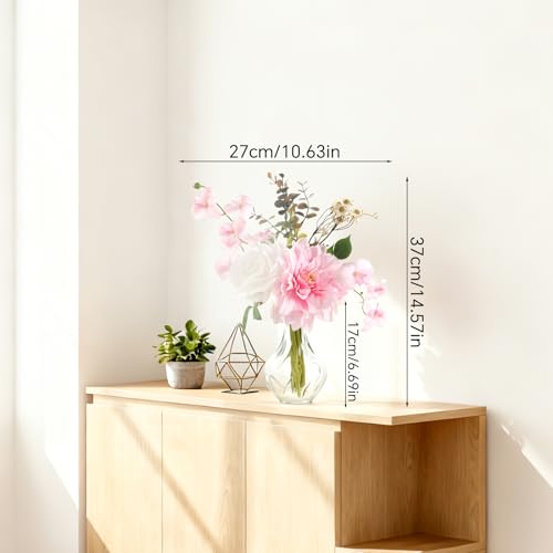 Faux Flowers with Vase,Small Artificial Silk Roses in Vase, Fake Plant Eucalyptus Flower Arrangement for Home Office Decoration, Living Room and Dining Table Centerpiece - color: Light Pink