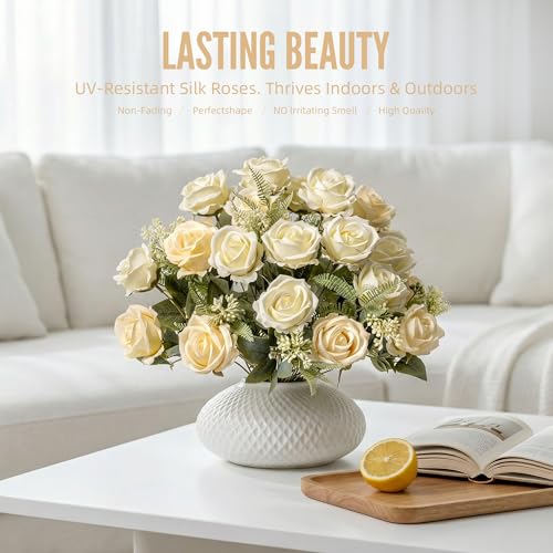 Fake Roses Champagne Roses Artificial Roses Silk Roses Artificial Roses with Stems 24 Full Flower Heads Faux Roses for Indoor Centerpieces home Wedding Farmhouse Decoration No Vase(4PCS,Champagne) - color: Champagne 4pcs
