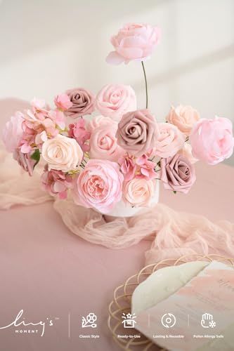 Ling's moment Artificial Flowers Fake Silk Hydrangea Foam Roses Faux Gardenia Combo for DIY Wedding Bouquets Centerpieces Arrangements Bridal Shower Party Home Decorations, Pink & Blush, 24pcs - color: Pk-pink & Blush
