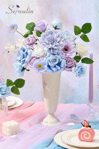 Serwalin Artificial Blue & Purple Flowers, Silk Fake Flowers for DIY Wedding Bouquets Cake Flowers, Table Centerpieces Baby Shower Birthday Party Home Decorations - color: Blue & Purple, size: Grand
