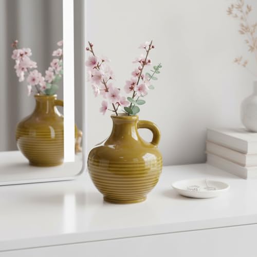 Sunddo Brown Ceramic Vase 6 Inch - Small Rustic Decorative Vase with 1 Handle for Farmhouse Home Decor, Shelf, Bathroom, or Coffee Table - color: Brown - 6, size: 6 Inch