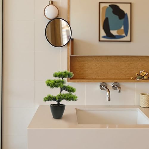 Artificial Bonsai Tree Juniper Indoor - Small Fake Bonsai Pine with Ceramic Pot 13" Tall for Home Decoration Bedroom Living Room Table Study Cafe Positive Office Decor Lifelike Greenery Tree - color: Pine-black Pot