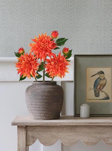 Artificial Dahlia Flowers – Set of 3 | 27.9" Tall Real-Touch Silk Dahlia Stems with Large 6.1" Blooms | Lifelike Orange Faux Flowers for Home Decor, Wedding, Centerpieces & Floral Arrangements - color: Orange