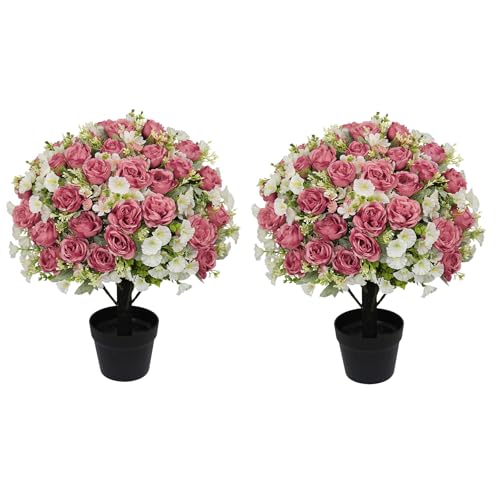 24" Artificial Potted Flowers for Outdoors Set of 2 - UV Resistant Faux Red Silk Peonies with Eucalyptus Plants in Cement Pots for Outside Front Porch Home Indoor Decor - color: Rose Red, size: 24" Classic Peony