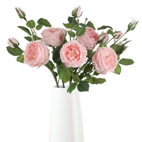 Real Touch Pink Austin Roses Peonies Artificial Flowers 4 Bouquets Latex Fake Peonies with Long Stem Realistic Faux Peonies Flower for Wedding Party Home Table Centerpieces Decorations (Pink) - color: Pink