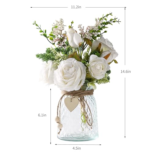 2 Packs Faux Flowers in vase,Fake Flowers with Vase, Artificial Silk Roses in Vase, Artificial Flowers in Vase, Faux Flower Arrangement with Vase for Farmhouse (White with vase)