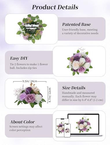 BLOSMON Artificial Flowers Ball Wedding Centerpieces 10 Pcs Lilac Rose Artificial Flower Center Pieces Decoration for Table Silk Kissing Ball Faux Floral Bouquet Arrangements for Home Party DIY Decor - color: Lilac