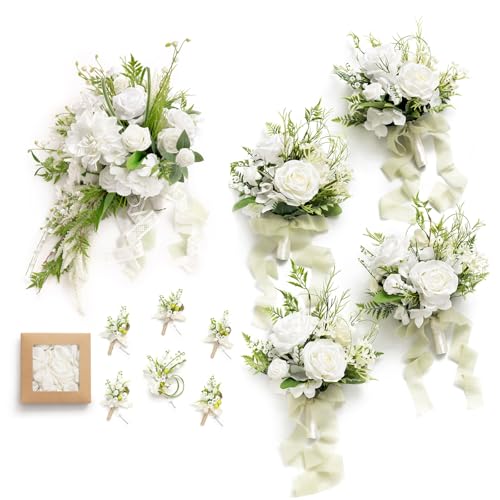 Ling's moment Wedding Artificial Flowers Package, Bridal Bouquet, Bridesmaid Bouquets, Boutonniere for Men, Rose Petals.Lily Valley White - color: Wht-lily Valley & White