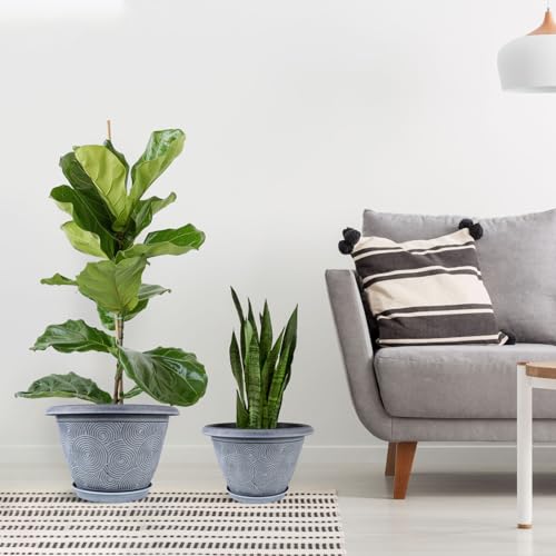 10 Inch Flower Pots Planters for Indoor Outdoor Plants, 3 Pack Plastic Large Plant Pots with Drainage Hole & Tray, Modern Decorative Garden Pot with Saucer, Plant Container for House - color: Blue, size: 10 inch-3 pack