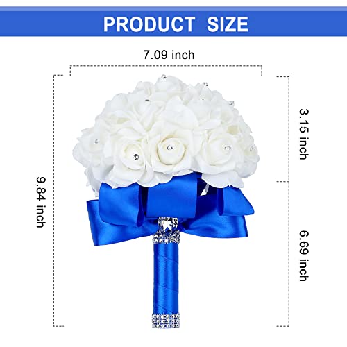 Wedding Bouquet, Handmade Blue Bridesmaid Bouquet Bridal Bouquet with Crystals Soft Ribbons, Artificial Rose Flowers for Wedding, Party and Church (Royal Blue) - color: Royal Blue
