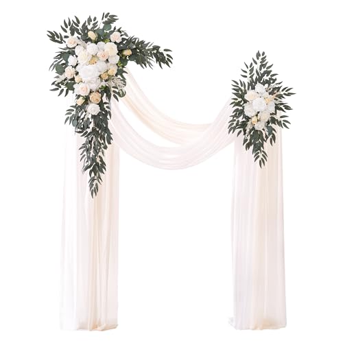 Deluxe Wedding Arch Flowers with Drapes Kit Pack of 4, 2pcs Champagne & White Sage Hanging Silk Flowers Arrangement 2pcs Chiffon Drapes for Ceremony Arbor Party Outdoor Decor - color: Champagne & White Sage