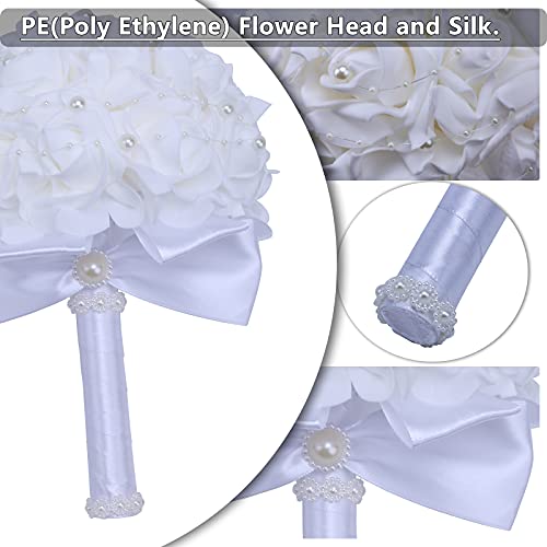 Wedding Bouquets for Brides or Bridesmaids Pearl Embellishment Roses Bridal Bridesmaid Wedding Hand Bouquet Artificial Fake Flowers.(White) - color: White1