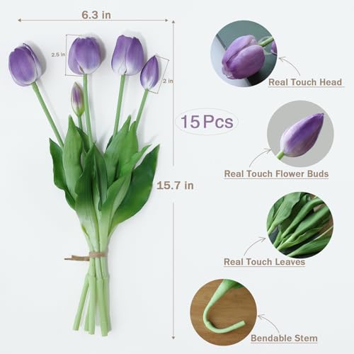 mizii 15Pcs Purple Tulips Artificial Flowers Latex Plastic Real Touch Fake Tulips Flowers Look Real Faux Tulip Flower Bouquet Decoration for Vase Room Table Centerpieces Home Decor (Purple) - color: Purple