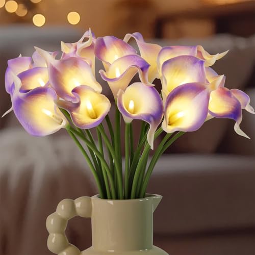 20pcs Lighted Artificial Calla Lily Bouquet Faux Floarl Night Light Real Touch Flower Night Light LED Calla Lily lighted Artificial Flower for Holiday Gifts Home Kitchen Decor(Light Purple, No Vase) - color: Light Purple