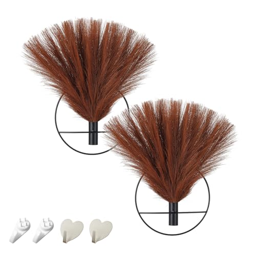 Pretty Jolly Boho Wall Decor - Mounted Metal Hanging Artificial Pampas Display for Living Room, Bedroom, Bathroom, Dining Room - Plant Art 2 Pack - color: 16-pampas-YellowCoffee - Black Ring, size: S 7.8inch (Black Ring)
