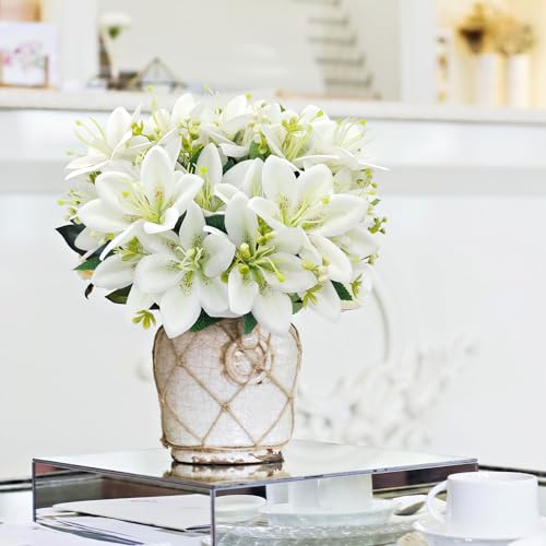 4 Bundles Artificial Tiger Lily Silk Flowers Faux Fake Lilies Plants for Wedding Bouquet Home Party Indoor Table Hotel Office Vases Floral Arrangements Outdoor Garden Decor (White) - color: White
