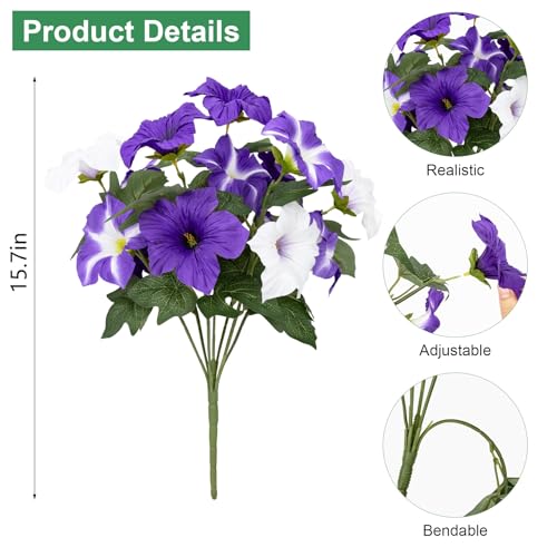 Artificial Flowers for Outdoors, 4 Pcs Realistic Fake Flowers Petunias UV Resistant Silk Morning Glory Faux Plants for Outdoor Planters Balcony Yard Window Box Porch Garden Home Outside Decor - color: Purple
