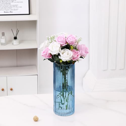 Blue Glass Vase, Glass Flower Vase, Ribbed Glass Vases, Blue Vase, Tall Cylinder Vases for Centerpieces, Living Room, Bedroom, Dining Table, Office, Wedding, Bookshelf Decoration, 12 Inches - color: Blue, size: 12''