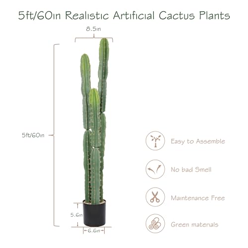 bellacat UV Resistant 5ft Large Artificial Cactus with Black Pot, 60in Realistic Faux Plants Indoor, Lifelike Fake Cactus Plant for Indoor and Outdoor Home Office Store Porch Patio Garden Decor - color: Black Basic Pot, size: 5ft