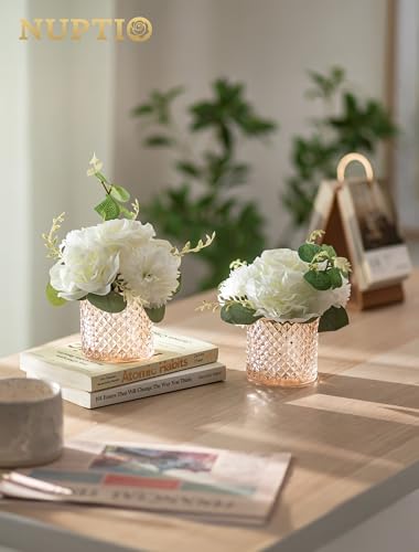NUPTIO Small Fake Flower in Vase: 2 Pcs Silk Artificial Flowers with Champagne Pink Glass Vase for Living Room Bathroom Office - Faux Rose Mums Floral Arrangement Wedding Dining Table Centerpiece - color: Champagne Pink, size: 2pcs