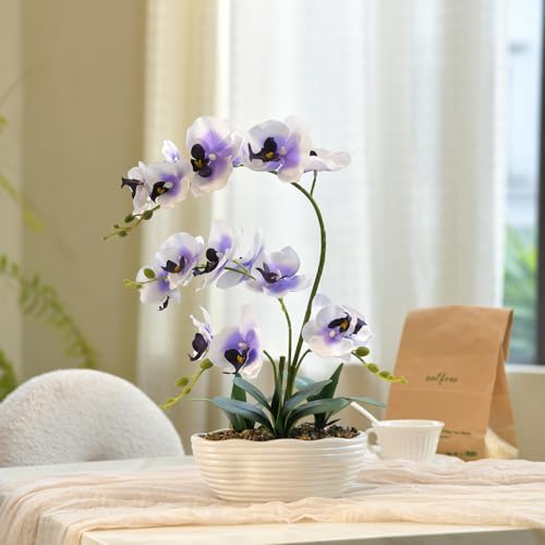 19" H Phalaenopsis Faux Orchid Plant Silk Orchid Centerpiece Artificial Floral Arrangement in Ceramic Pot (White and Purple) - color: White and Purple