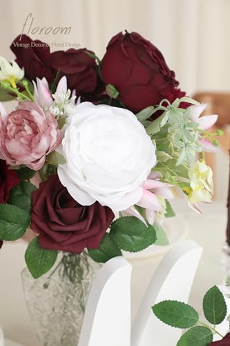 Floroom Burgundy Artificial Flowers Marsala Fake Roses Peonies Dahlia Greenery Combo Box Set for DIY Dark Red Wedding Bouquets Bridal Shower Centerpieces Floral Arrangements Party Tables Decoration - color: Romantic Burgundy