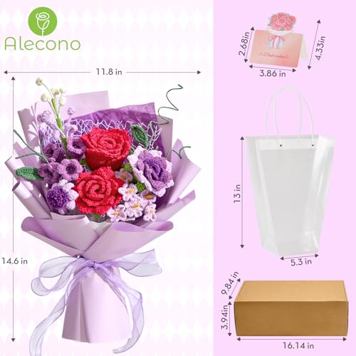 Alecono Crochet Flower Bouquet, Purple and Hot Pink Knitted Flowers, Crochet Roses Flower for Valentine Day Lover Anniversary Birthday Mother's Day Graduation Gifts (with Card) - color: Purple, Hot Pink, size: Large