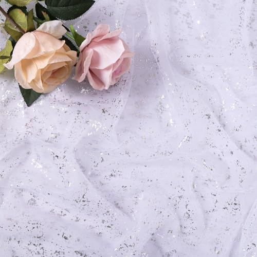 10 Ft White Silver Gauze Table Runner 120 Inch Glitter Metallic Foil Sheer Tulle Cheesecloth Table Runner Sequin Bridal Wedding Birthday Anniversary Christmas Dining Home Decor for Party - color: White Silver, size: 10 ft × 1 pc
