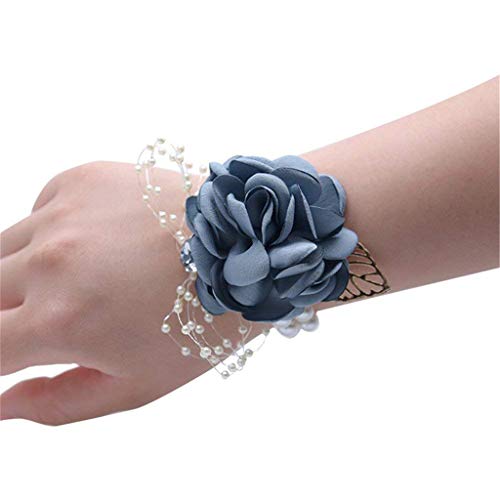 Rose Wedding Wrist Corsage and Boutonniere Set Party Prom Hand Ribbon Flower Suit Decor (Gray Blue) - color: Gray Blue