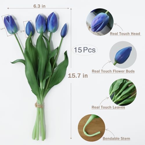 mizii 15Pcs Blue Tulips Artificial Flowers Latex Plastic Real Touch Fake Tulips Flowers Look Real Faux Tulip Flower Bouquet Decoration for Vase Room Table Centerpieces Home Decor (Blue) - color: Blue