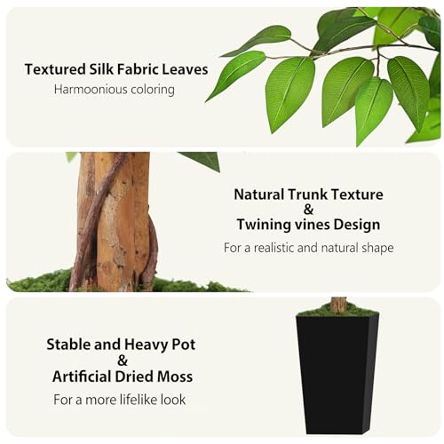 5ft Ficus Artificial Tree with 3 Natural Curved Trunks, 60" Tall Lush Faux Tree for Home Decor Indoor, Green Lifelike Fake Ficus Tree with Black Planter Pot - color: Black Planter, size: 5ft