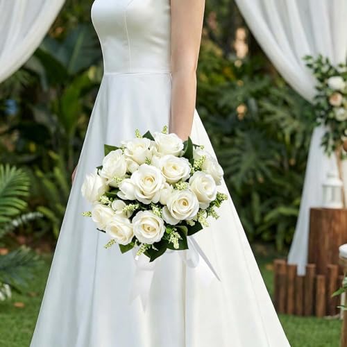 CYANLUX Wedding Bouquets for Bride Bridesmaid Bouquet Champagne White Artificial Roses Flowers for Wedding Valentine's Day Church Home Decoration (1#White)… - color: 1#white
