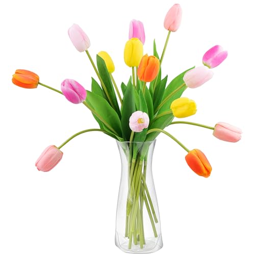 FiveSeasonStuff Real Touch Long Stem Tulips – 15 Artificial Flowers with Foldable Vase (Orange, Yellow, Mixed Pinks) for Home Décor, Weddings, and Gifts (Fiesta Medley) - color: Fiesta Medley Bloom Long Stems With Vase