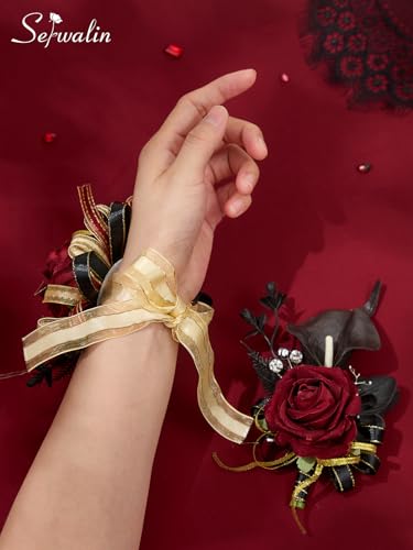 Serwalin Burgundy Prom Corsage and Boutonniere Set, Artificial Calla Lily Red Rose Wrist Corsage Wristlet for Wedding, Homecoming, Formal Dance, Party Flowers Accessories Suit Decorations - color: Black Burgundy