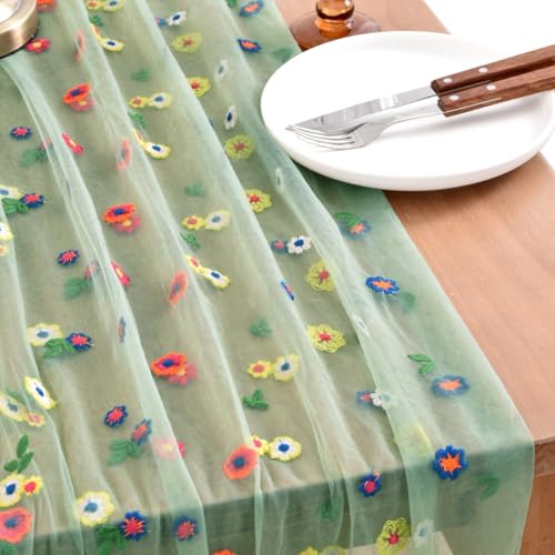 Joanlody 3pcs Sage Green Embroidery Daisy Spring Summer Table Runner Florals Seasonal Tulle Table Runner for Home Garden Tea Party Holiday Birthday Decoration - color: Sage Green, size: 10ft x 3pack