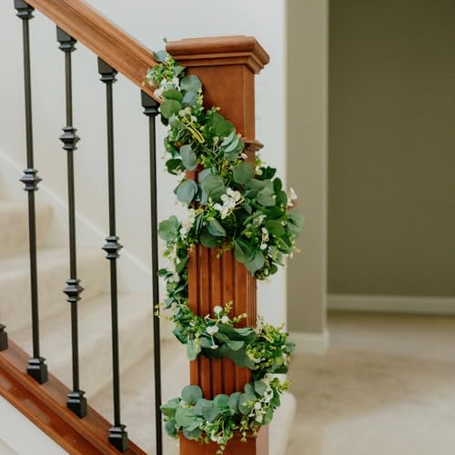 CQURE 8Pcs Eucalyptus Garland,Artificial Eucalyptus Leaves Table Greenery Garland Wreath Vines for Wedding Party Table Bedroom Wall Decor - size: 47.2 Ft with Flowers
