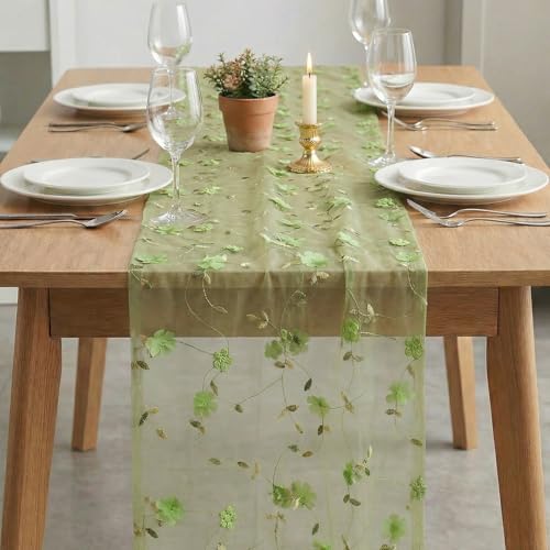 Artoid Mode 3D Flower Green Gauze Embroidery Table Runner 120 Inch 10FT, Tulle Seasonal Spring Kitchen Dining Holiday Table Decor for Home Party - color: Green