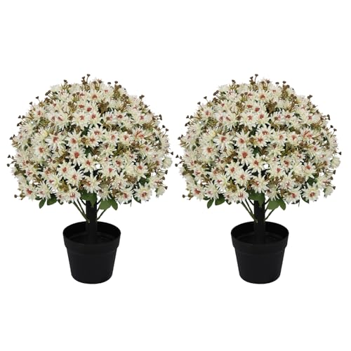 24” Artificial Flowers for Outdoors, Set of 2- UV Resistant Look Real Faux White Mums with Cement Pots, Realistic Fake Plastic Plants for Front Porch Planter Entryway Indoor Decor - color: Daisy Cream White